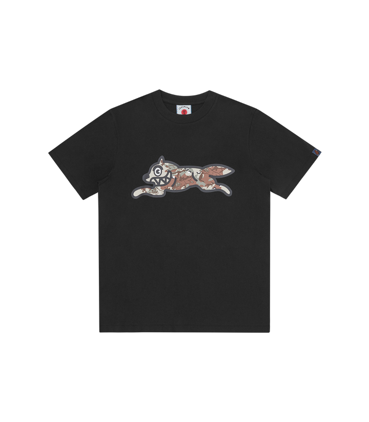 La camiseta negra Choc Chip Running Dog de ICECREAM Spring '26, destaca por el icónico Running Dog frontal, diseñado con un patrón de pepitas de chocolate y el sello de la firma en la espalda.