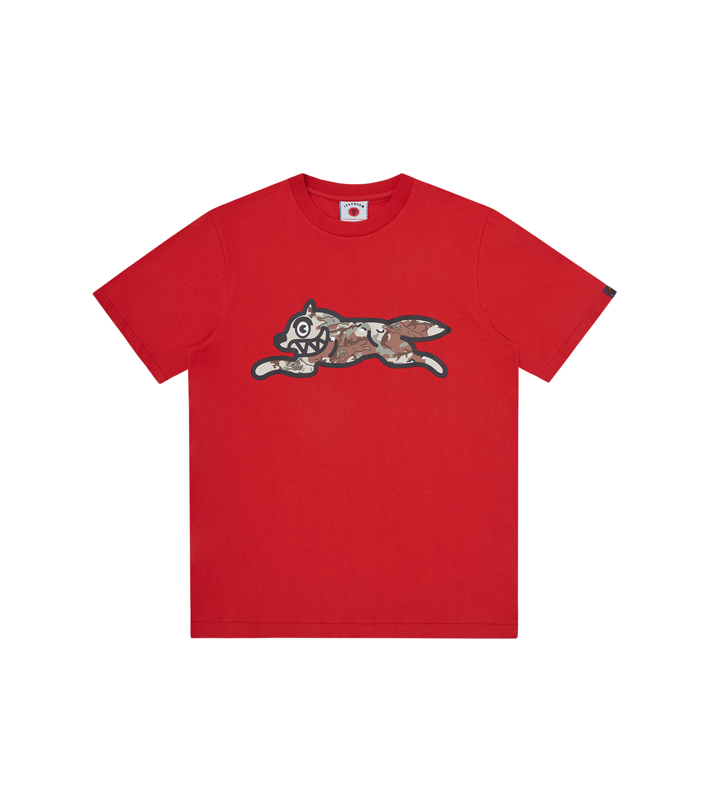 camiseta roja Choc Chip Running Dog de ICECREAM Spring '26, destaca por el icónico Running Dog frontal, diseñado con un patrón de pepitas de chocolate y el sello de la firma en la espalda.