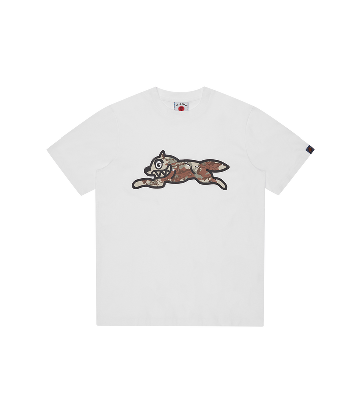 La camiseta blanca Choc Chip Running Dog de ICECREAM Spring '26, destaca por el icónico Running Dog frontal, diseñado con un patrón de pepitas de chocolate y el sello de la firma en la espalda.
