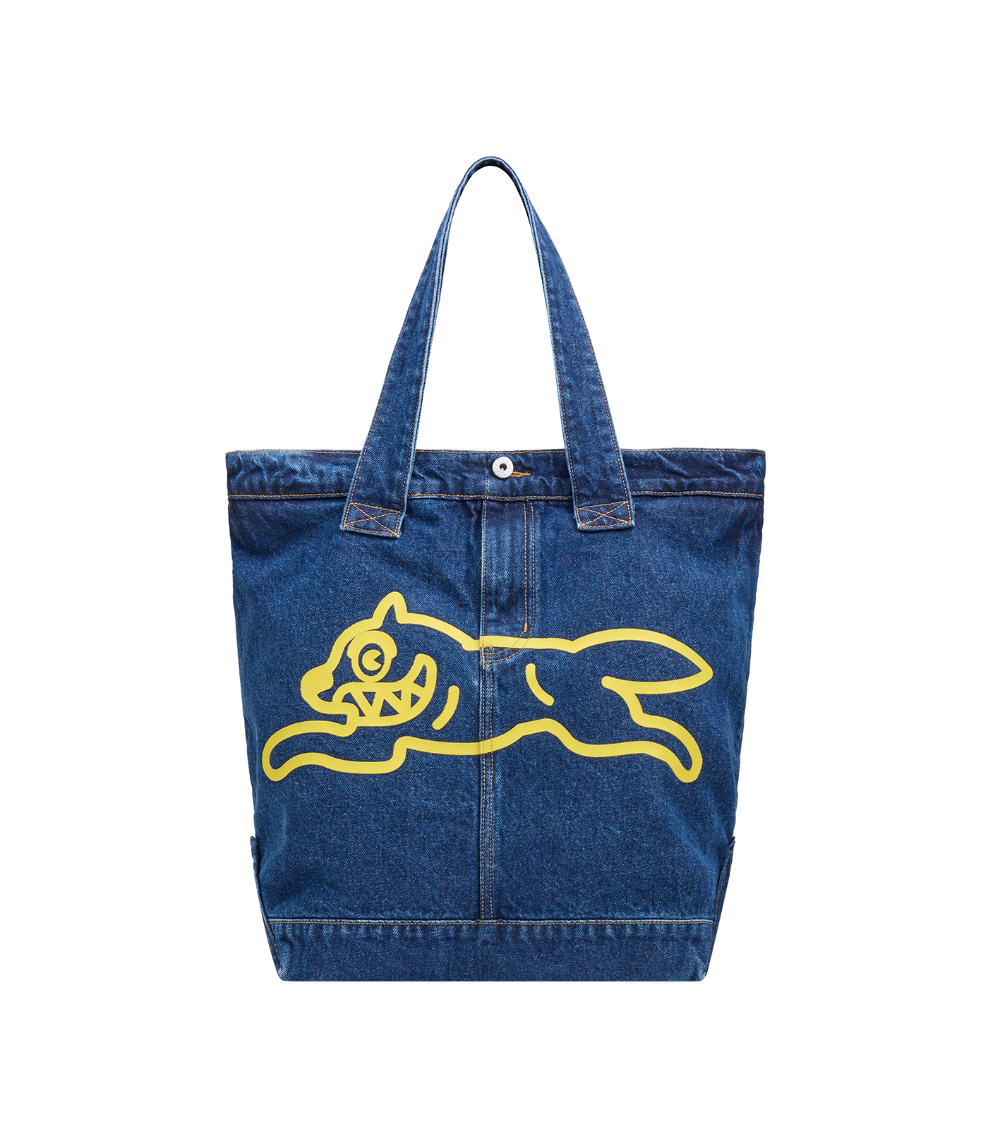 Bolso Tote de denim azul índigo oscuro ICECREAM con el gráfico Running Dog amarillo.