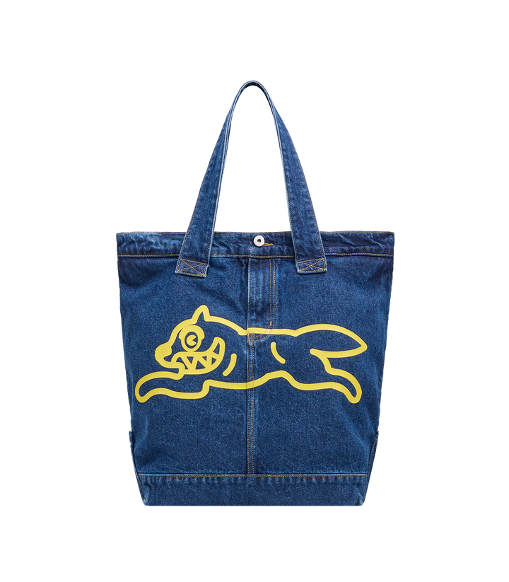 Bolso Tote de denim azul índigo oscuro ICECREAM con el gráfico Running Dog amarillo.