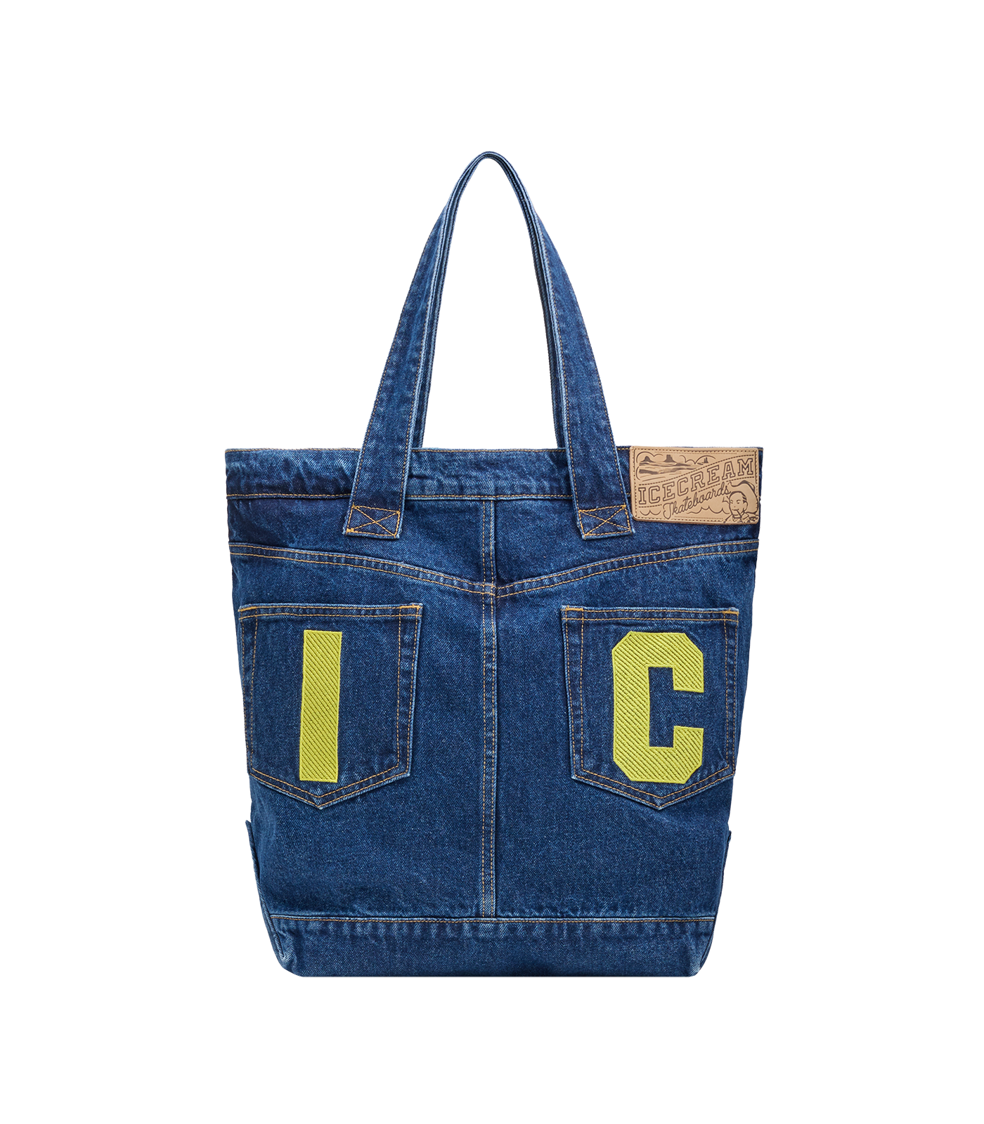 Tote Bag de denim oscuro ICECREAM con bolsillos.