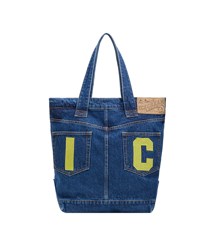 Tote Bag de denim oscuro ICECREAM con bolsillos.