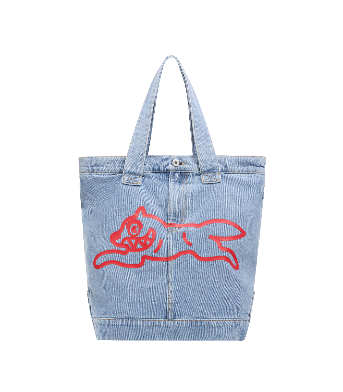 Bolso Tote de denim azul claro lavado (Light Wash) ICECREAM con el gráfico Running Dog en rojo serigrafiado.