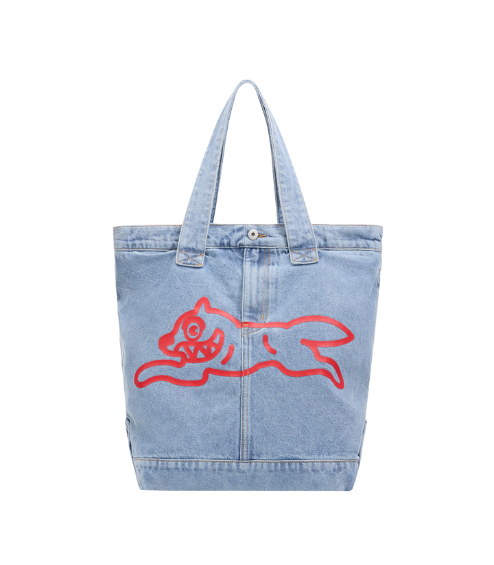 Bolso Tote de denim azul claro lavado (Light Wash) ICECREAM con el gráfico Running Dog en rojo serigrafiado.