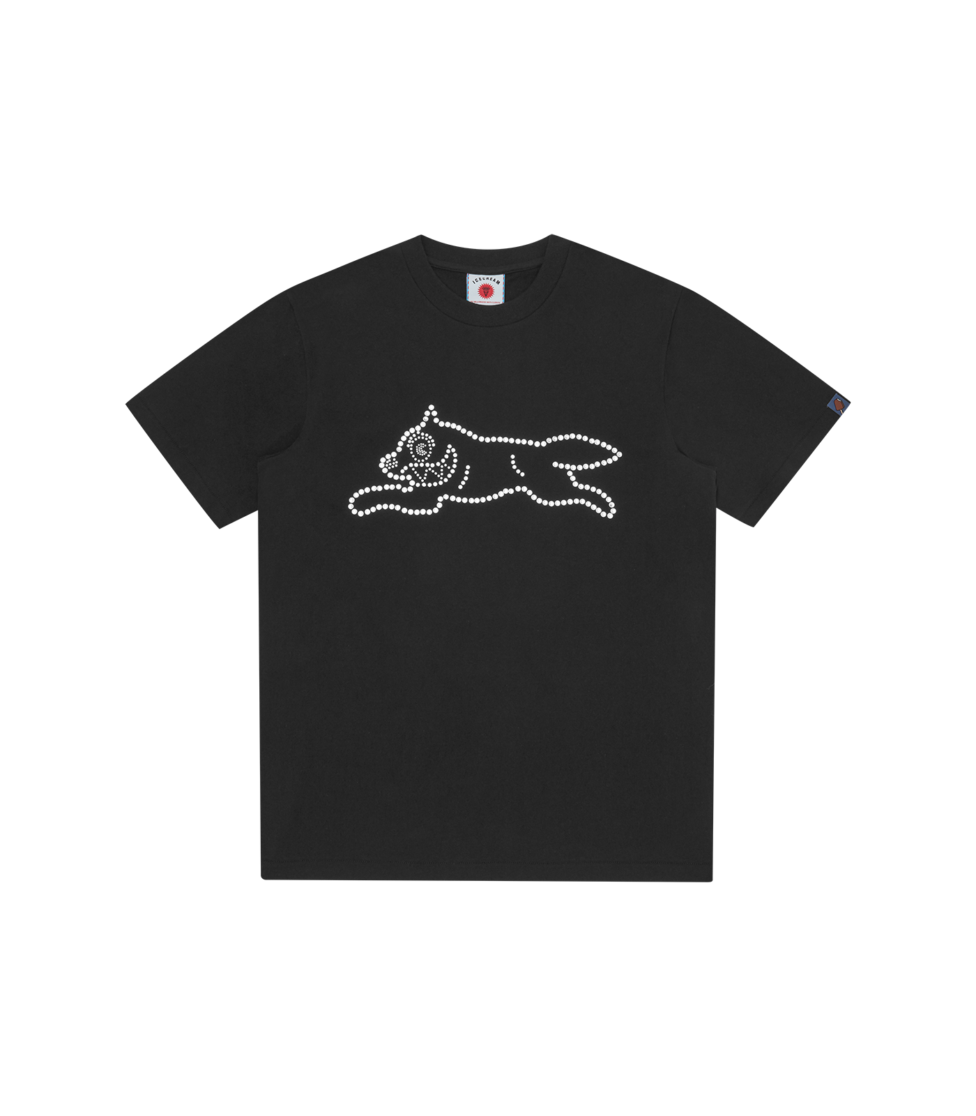Camiseta Crystal Running Dog Black de ICECREAM Spring 26',  con cristales (rhinestones) en la parte frontal.