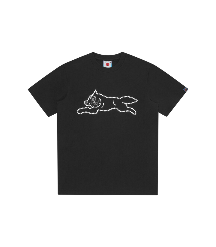 Camiseta Crystal Running Dog Black de ICECREAM Spring 26',  con cristales (rhinestones) en la parte frontal.