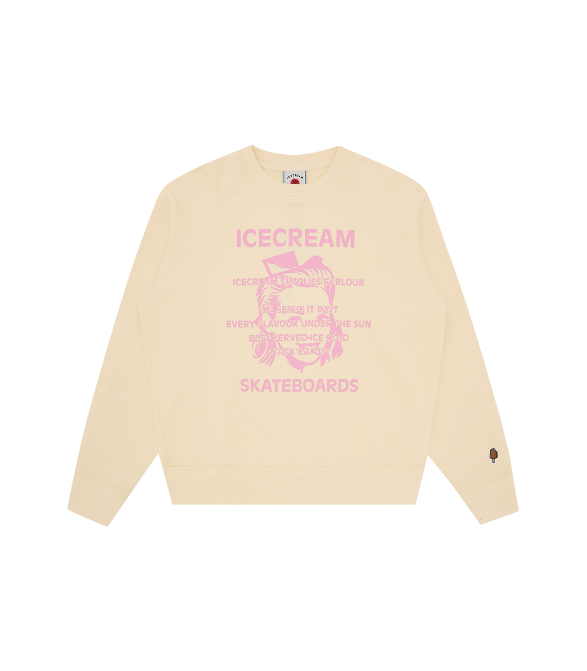 Sudadera ICECREAM Waitress ecru de cuello redondo con gráfico rosa en el pecho, vista frontal