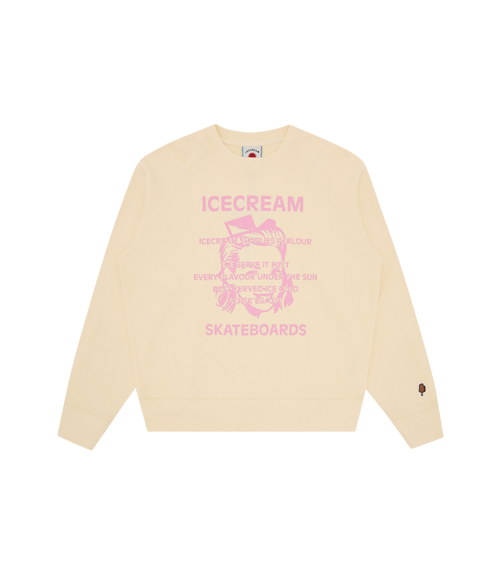 Sudadera ICECREAM Waitress ecru de cuello redondo con gráfico rosa en el pecho, vista frontal