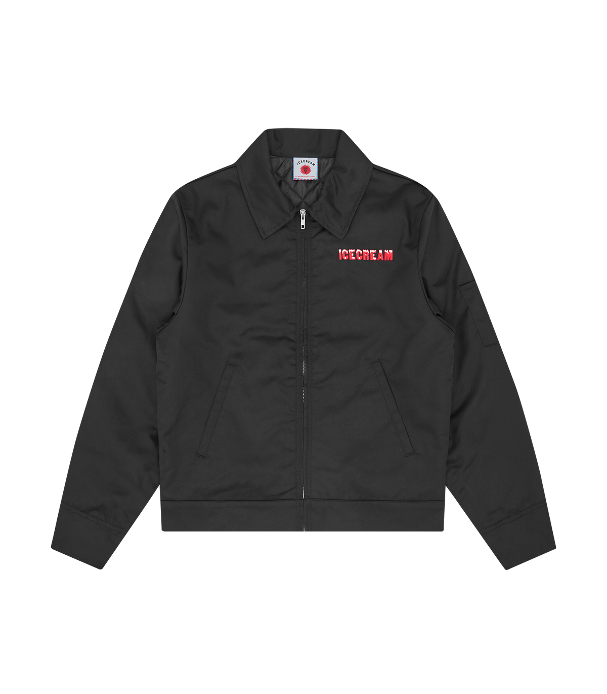 Chaqueta acolchada ICECREAM Drippy Quilted negra con logo bordado en el pecho, vista frontal