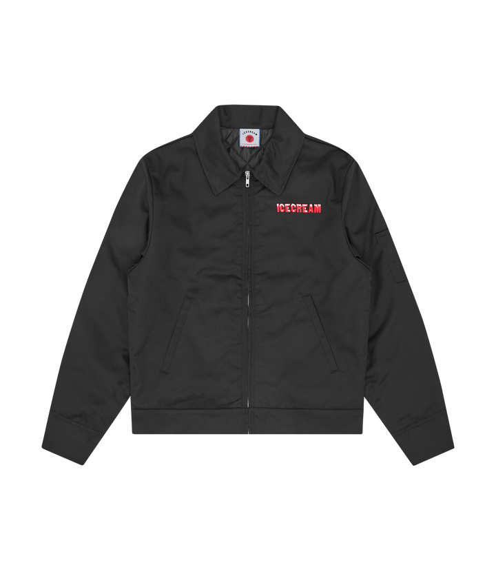 Chaqueta acolchada ICECREAM Drippy Quilted negra con logo bordado en el pecho, vista frontal