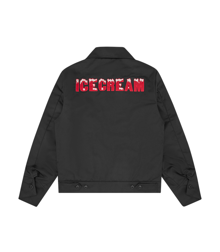 Chaqueta ICECREAM Drippy Quilted negra vista de espalda, con el logo ICECREAM