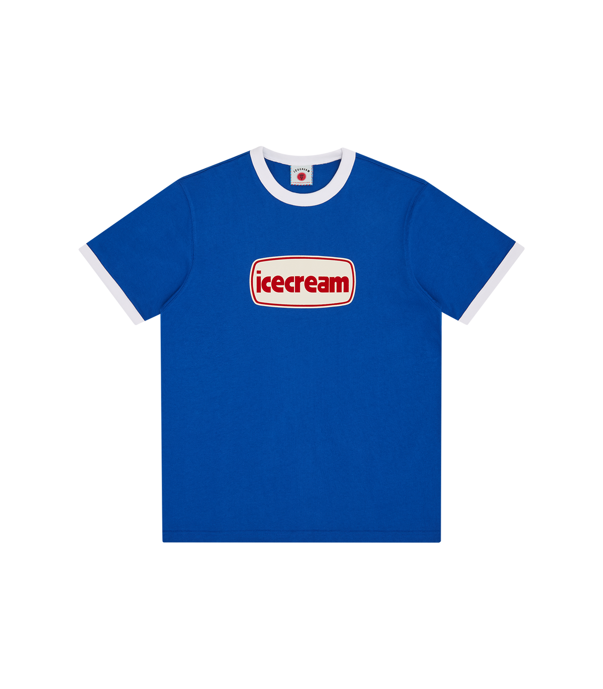 Camiseta ICECREAM azul tipo ringer con ribetes blancos en cuello y mangas y logo icecream en el pecho, vista frontal
