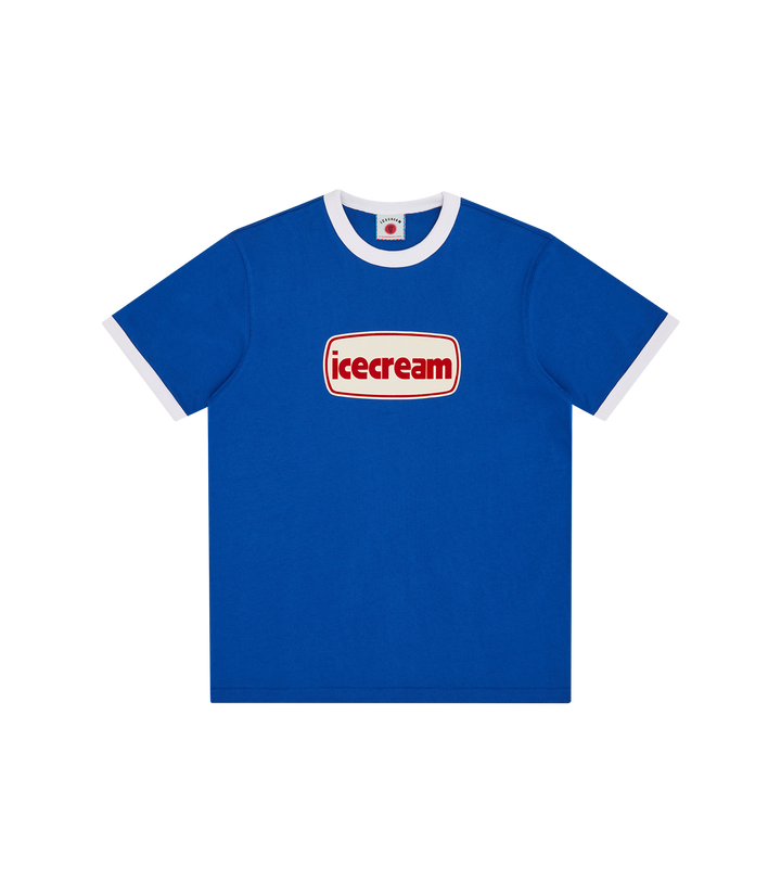 Camiseta ICECREAM azul tipo ringer con ribetes blancos en cuello y mangas y logo icecream en el pecho, vista frontal
