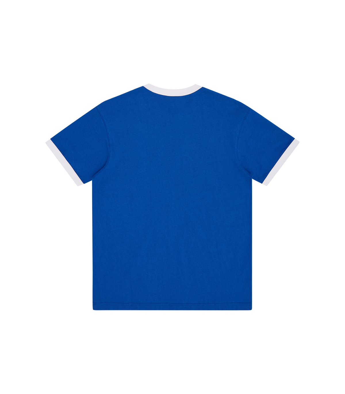 Camiseta ICECREAM azul de manga corta con cuello y puños blancos, vista trasera.