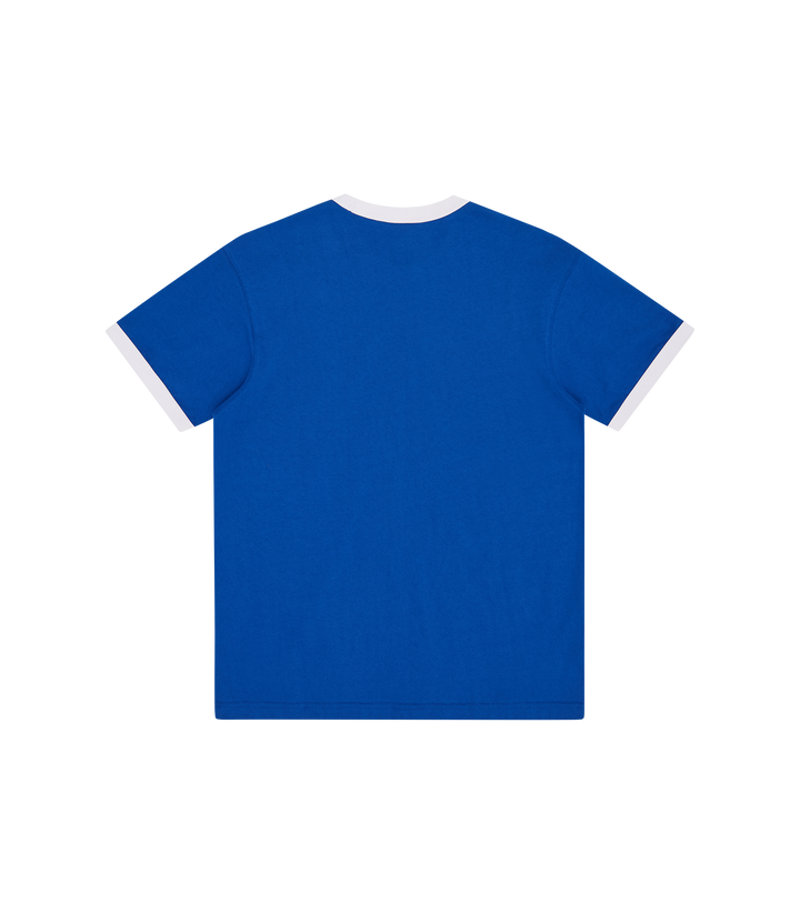 Camiseta ICECREAM azul de manga corta con cuello y puños blancos, vista trasera.
