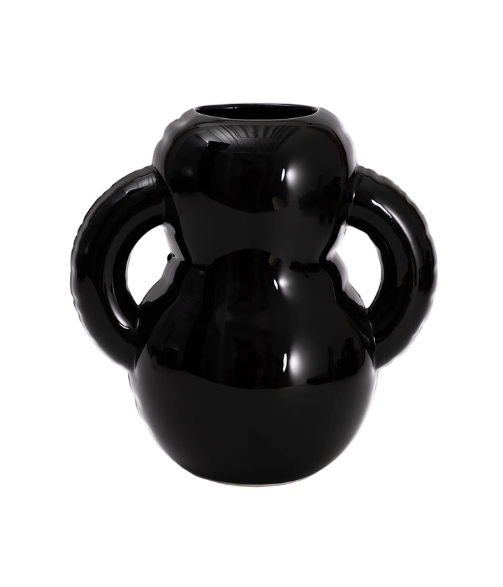 Jarrón Home Studyo OSCAR en negro gloss con doble asa curva, vista frontal