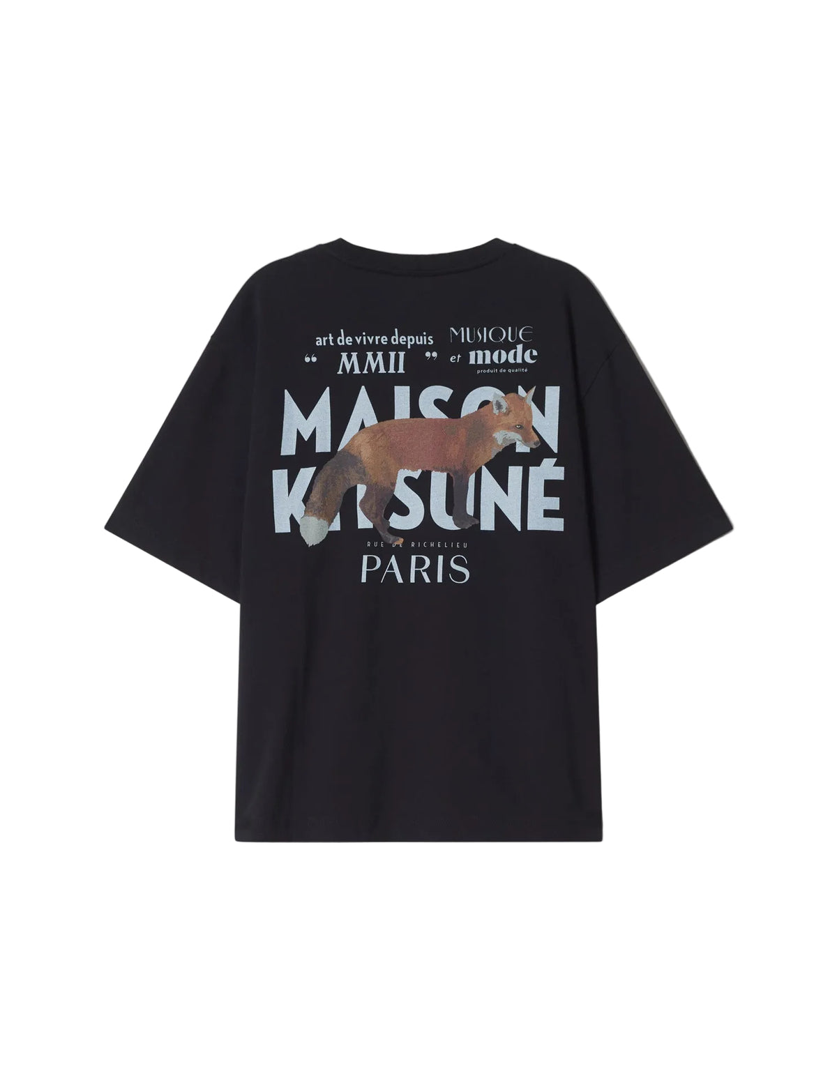 Espalda de la camiseta Maison Kitsuné MMII negra con MAISON KITSUNÉ PARIS en grande, vista trasera