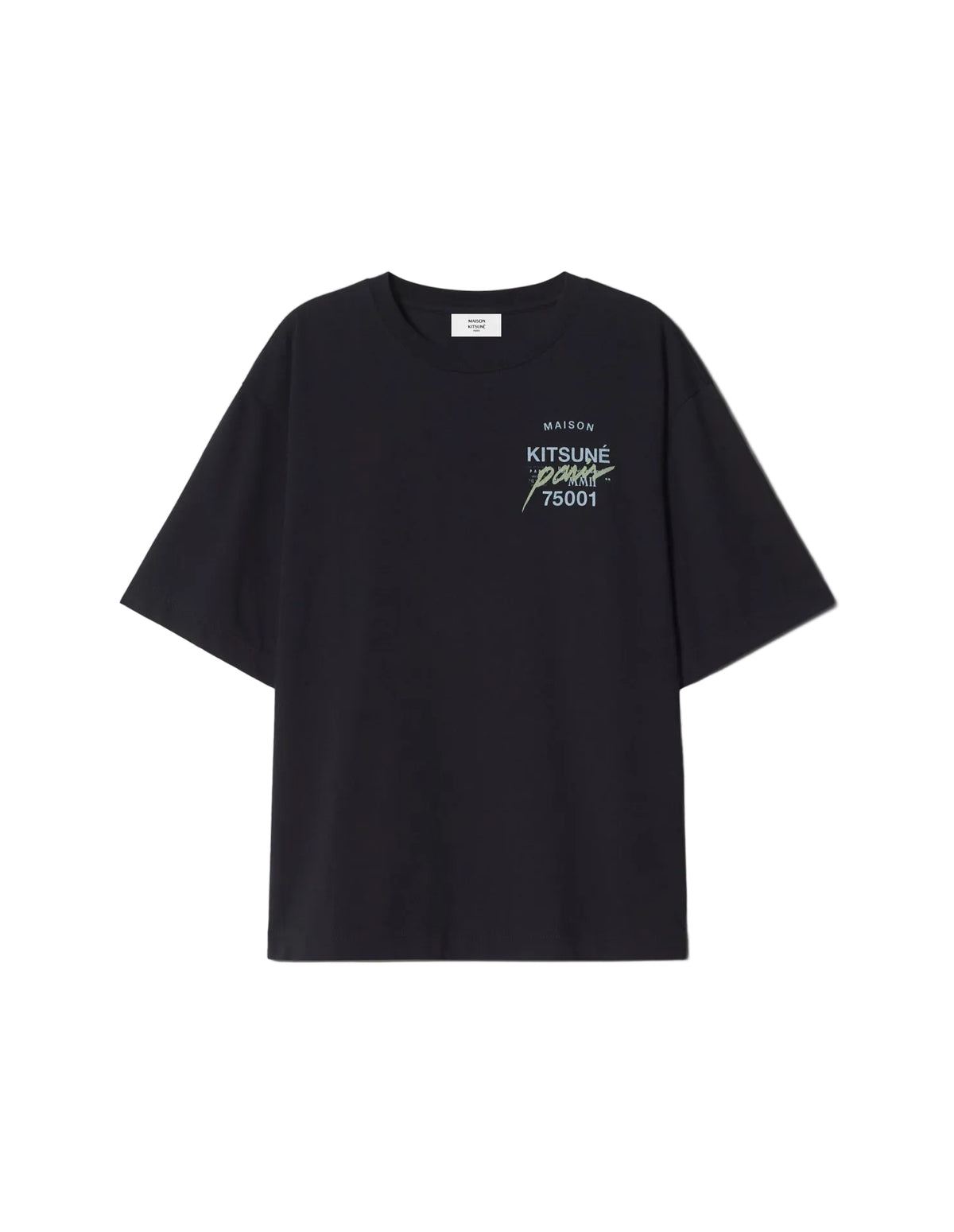 Camiseta Maison Kitsuné MMII Profile Fox oversize negra con KITSUNÉ PARIS 75001 en el pecho, vista frontal