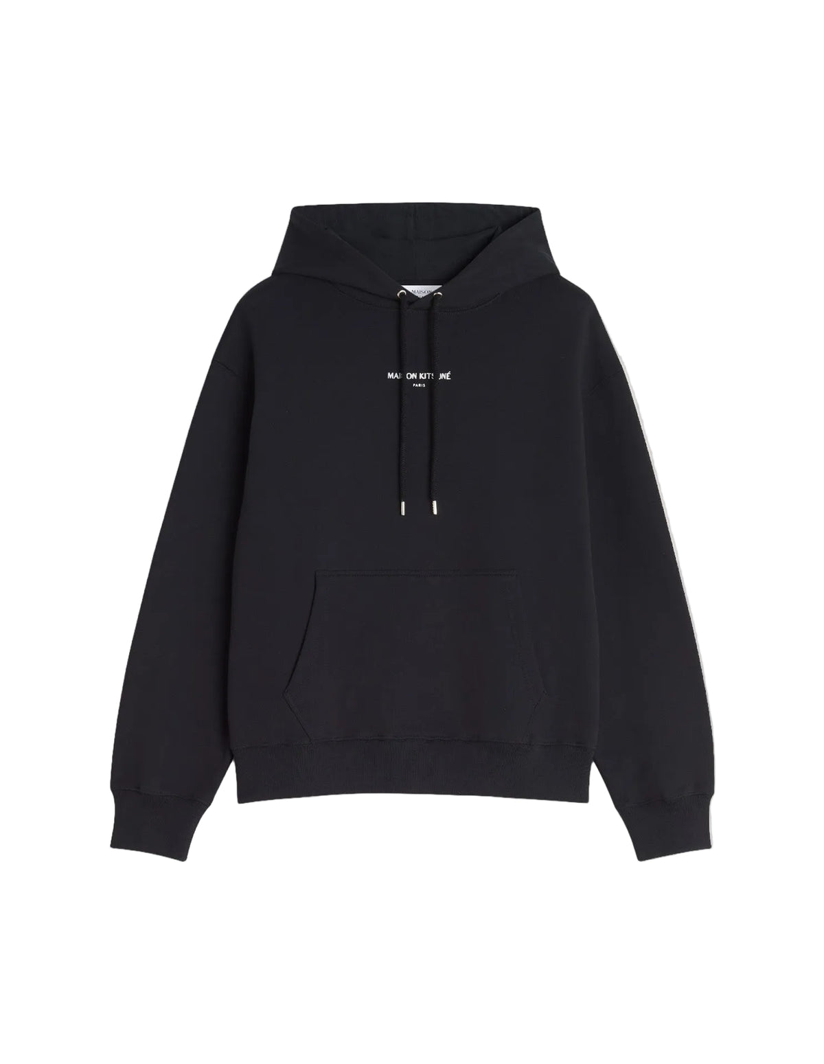 Sudadera con capucha Maison Kitsuné Paris Comfort negra con el logo Maison Kitsuné Paris en el centro del pecho, bolsillo canguro, vista frontal