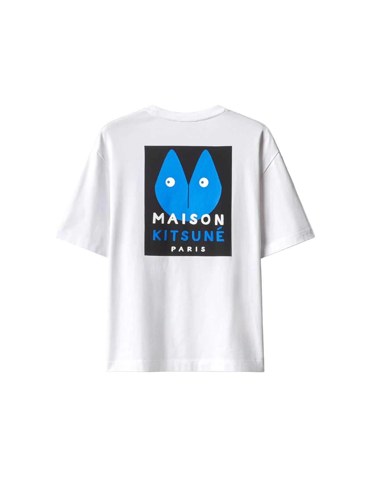 Espalda de la camiseta Maison Kitsuné Fortune Fox blanca con el gráfico azul del zorro y MAISON KITSUNÉ PARIS, vista trasera