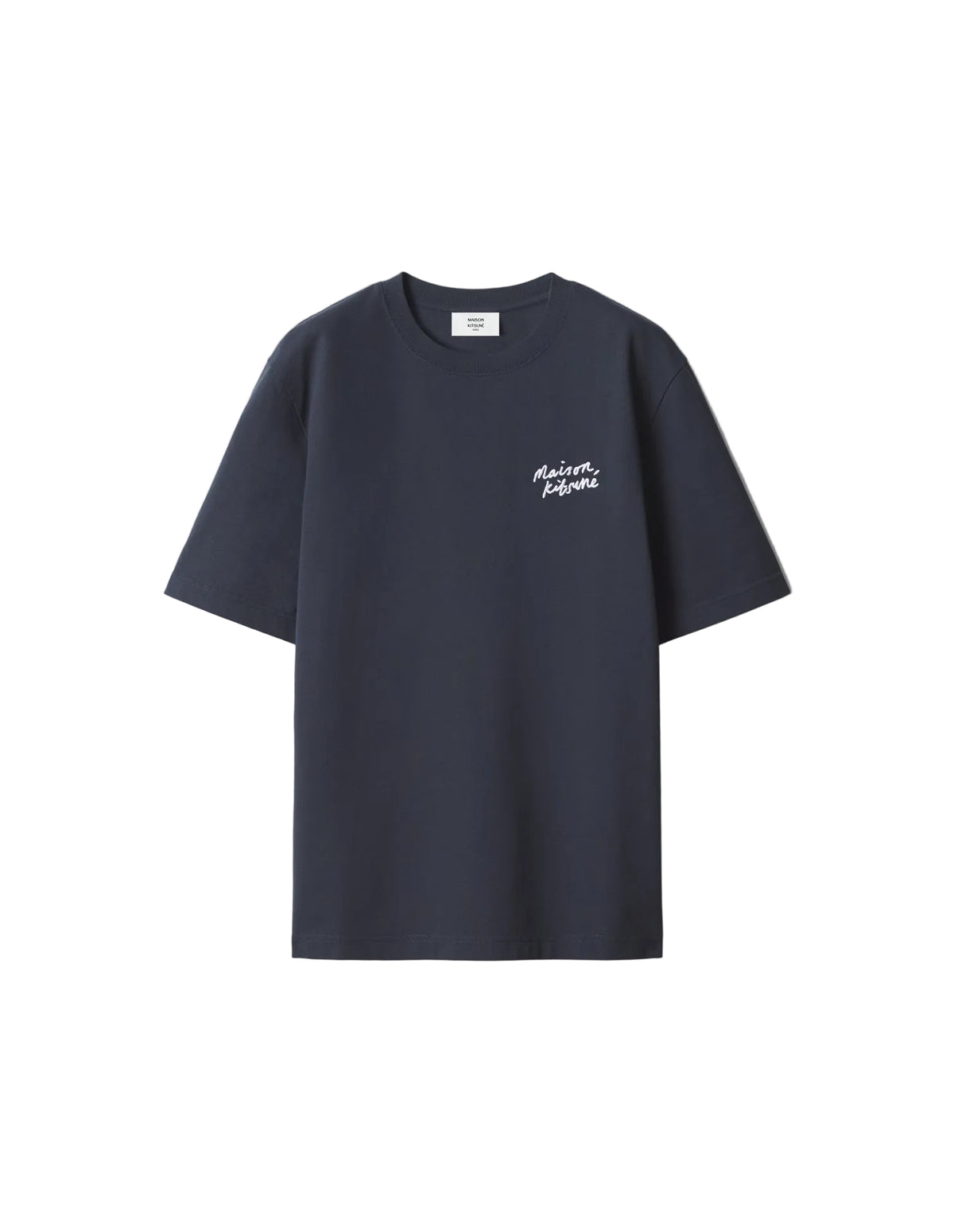 Camiseta Maison Kitsuné Handwriting azul marino con el logo Maison Kitsuné manuscrito en el pecho, vista frontal
