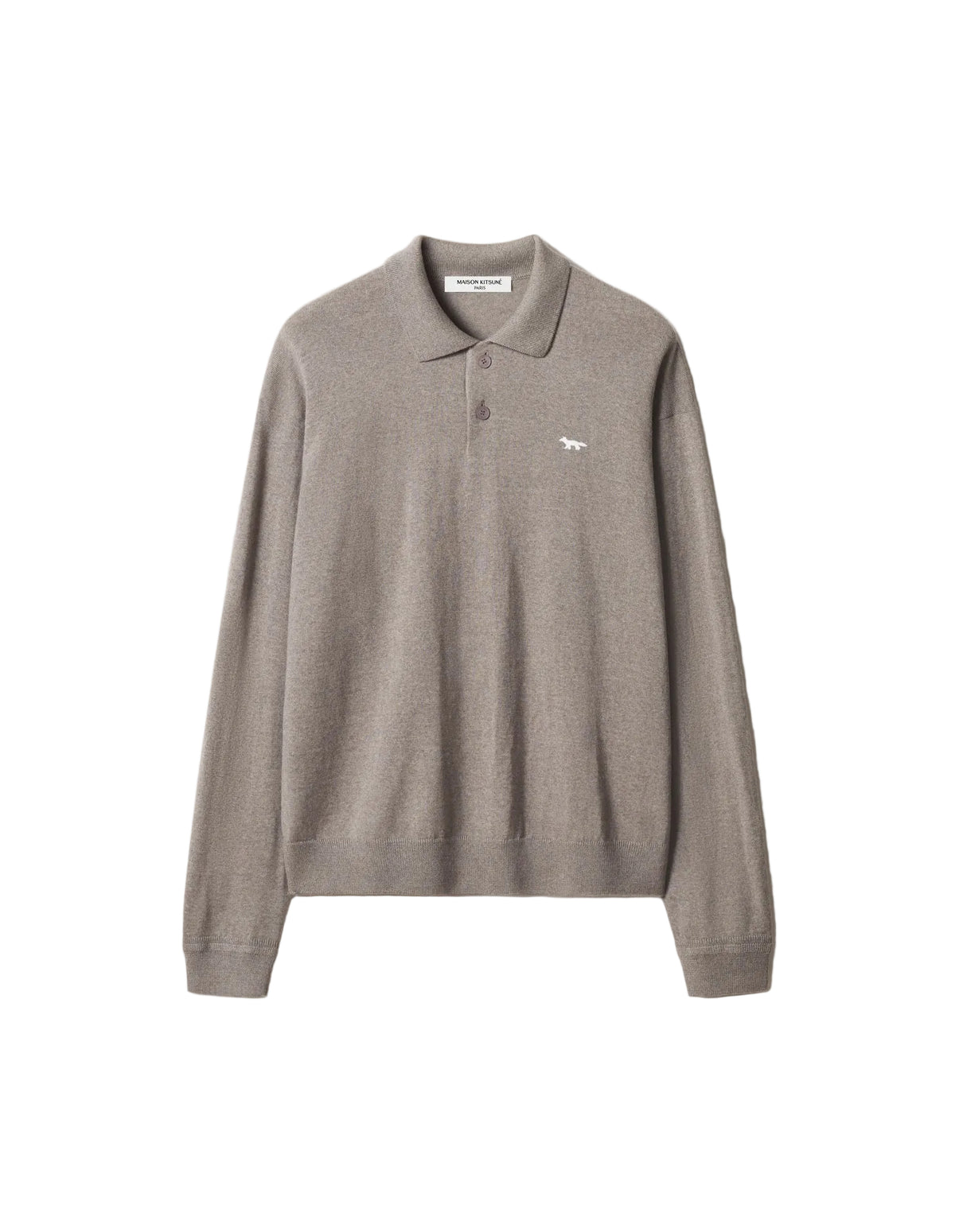 Polo de punto Maison Kitsuné de manga larga en beige con el zorro de perfil bordado en el pecho, vista frontal