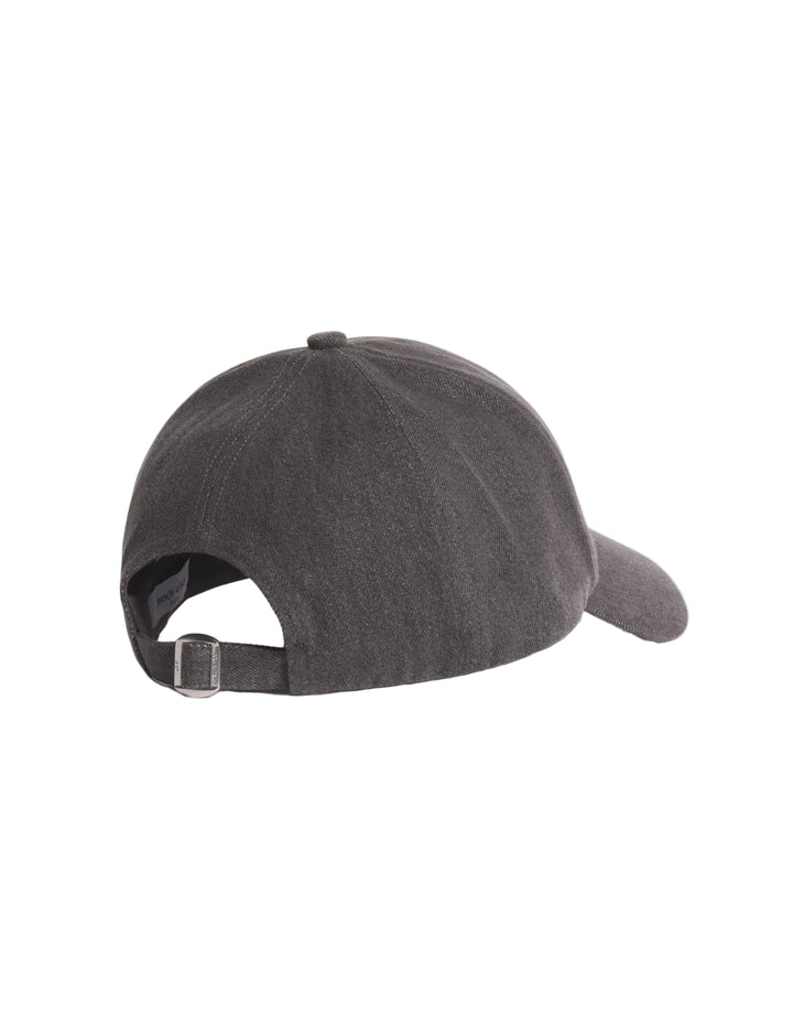 Espalda de la gorra Maison Kitsuné Profile Fox de denim gris con cierre ajustable, vista trasera