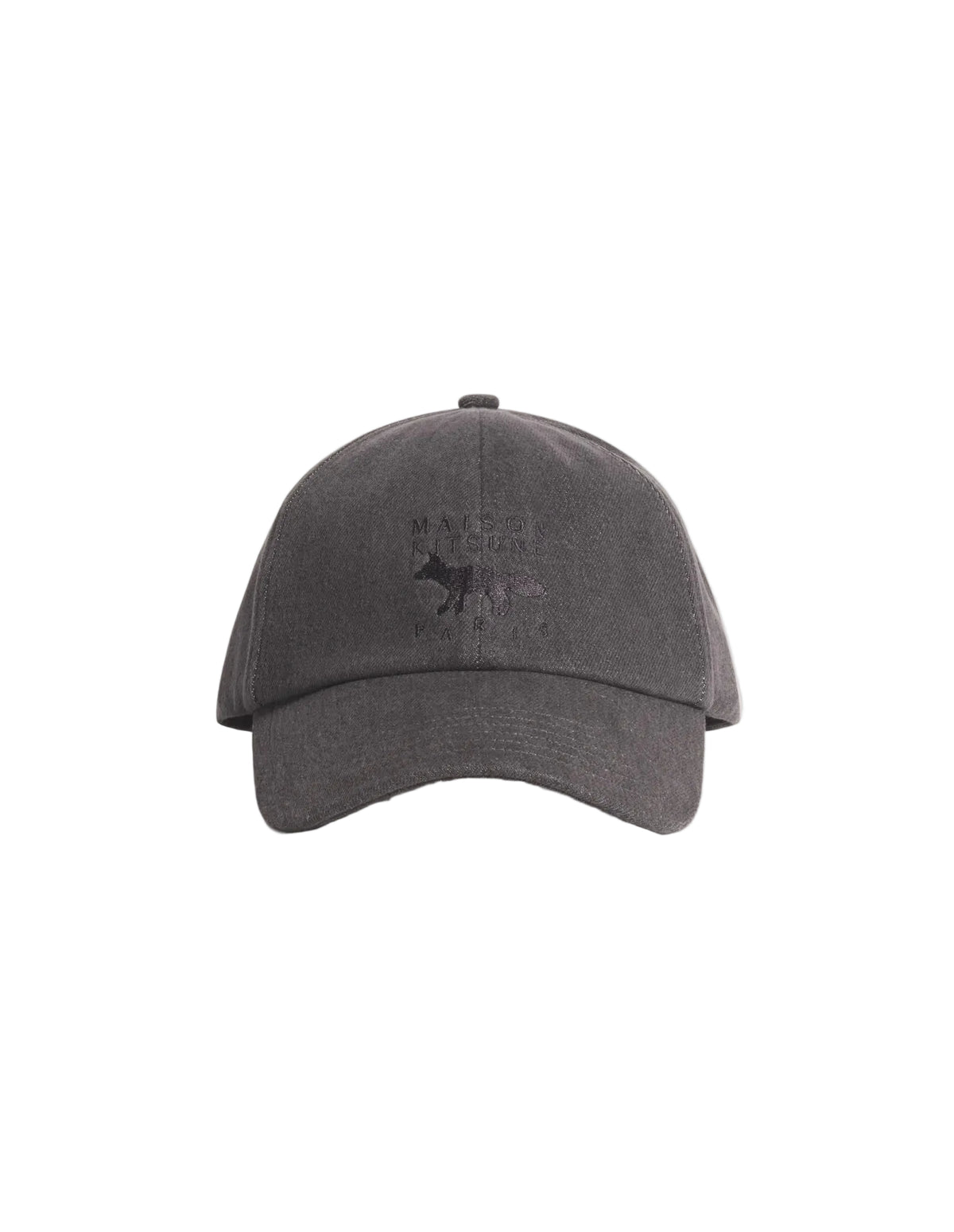 Gorra Maison Kitsuné Profile Fox en denim gris lavado con el zorro bordado tono sobre tono en el frontal, vista frontal