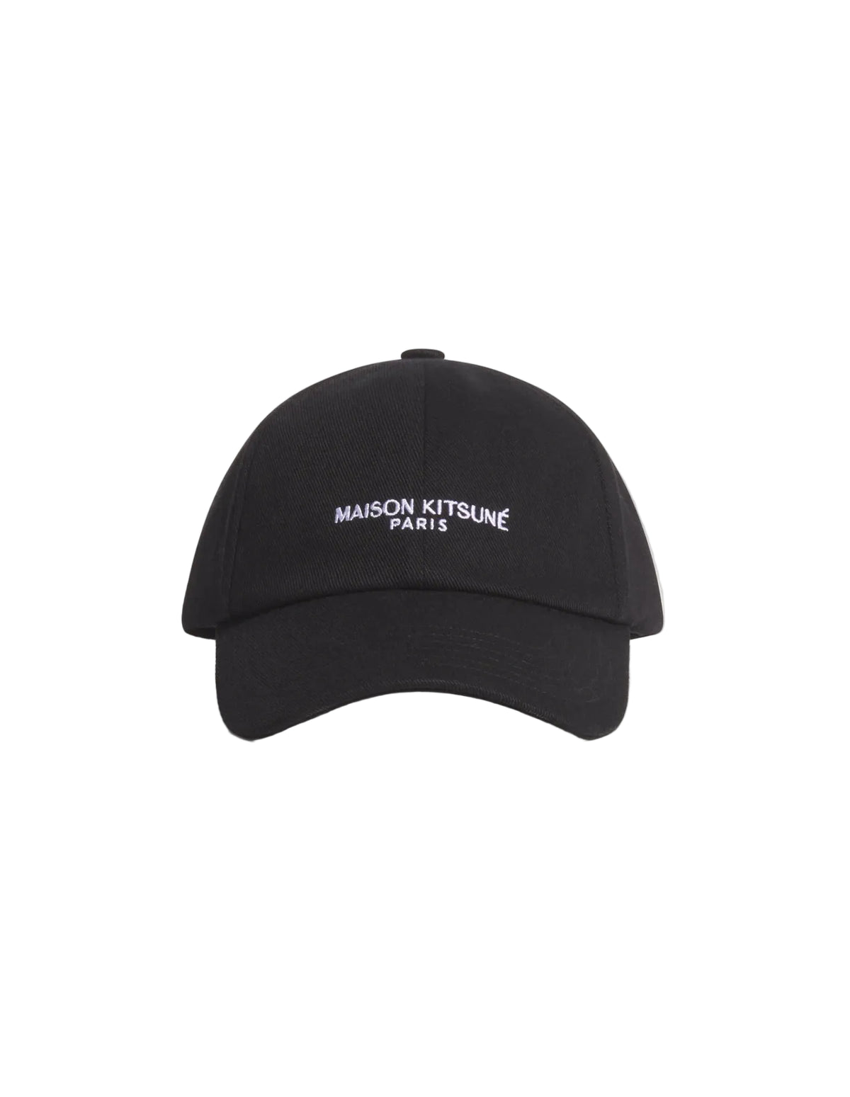 Gorra Maison Kitsuné Paris negra con MAISON KITSUNÉ PARIS bordado en el frontal, vista frontal