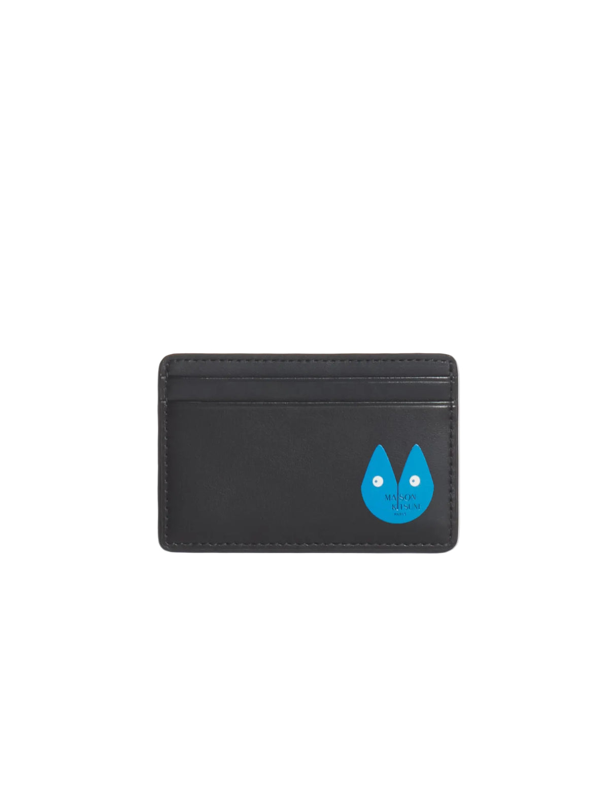 Tarjetero Maison Kitsuné Fortune Fox negro con el zorro en azul en una esquina, ranuras para tarjetas, vista frontal