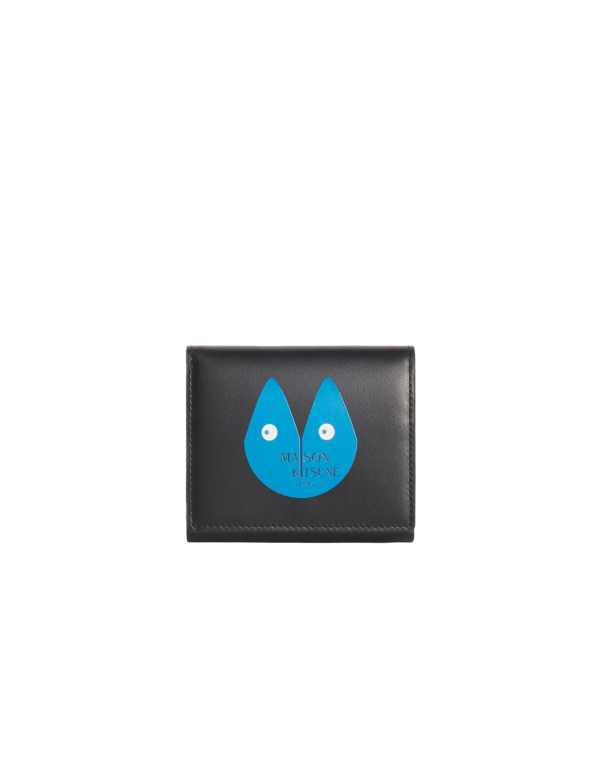 Cartera Maison Kitsuné Fortune Fox negra con el zorro en azul y MAISON KITSUNÉ en el frontal, vista frontal