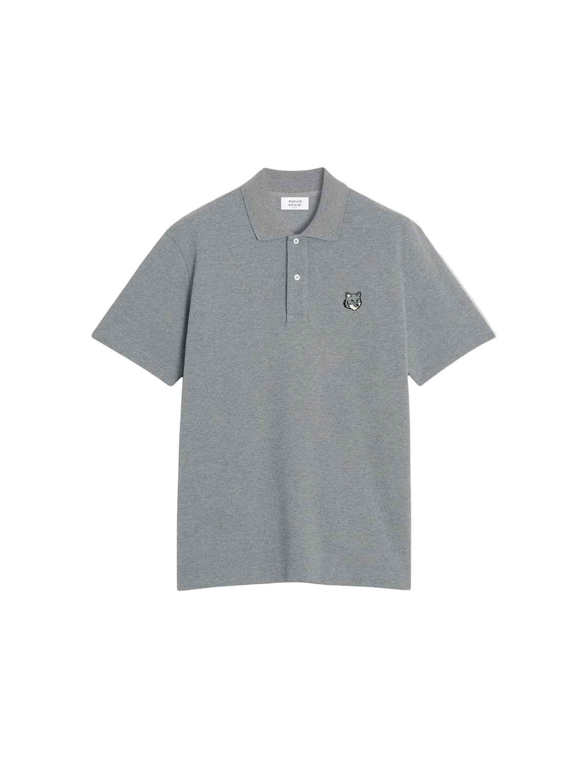 Polo Maison Kitsuné Fox Head Comfort gris de manga corta con parche del zorro bordado en el pecho, vista frontal