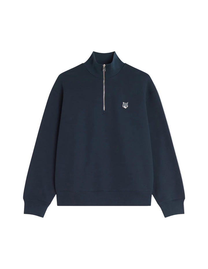 Sudadera Maison Kitsuné Fox Head Half-Zip azul marino con media cremallera y parche del zorro en el pecho, vista frontal