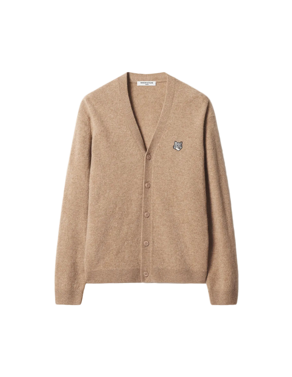 Cárdigan Maison Kitsuné Fox Head Lambswool en beige con parche del zorro bordado en el pecho, botones al frente, vista frontal