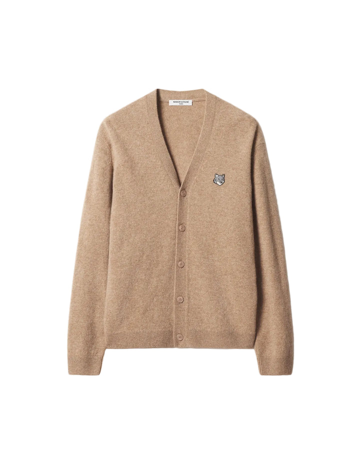 Cárdigan Maison Kitsuné Fox Head Lambswool en beige con parche del zorro bordado en el pecho, botones al frente, vista frontal