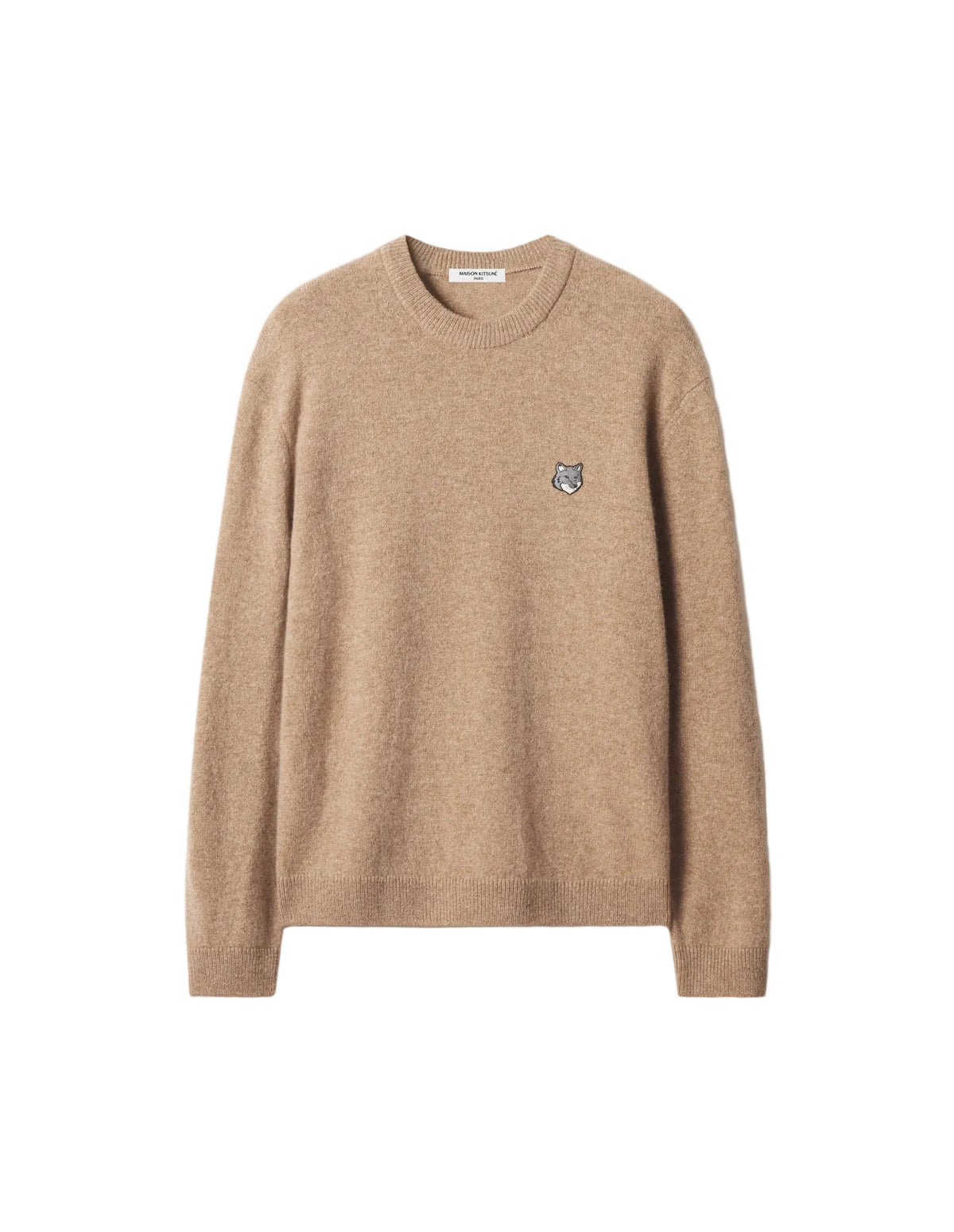Jersey Maison Kitsuné Fox Head Lambswool en beige con parche del zorro bordado en el pecho, cuello redondo, vista frontal