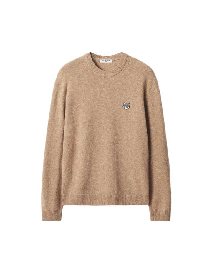 Jersey Maison Kitsuné Fox Head Lambswool en beige con parche del zorro bordado en el pecho, cuello redondo, vista frontal