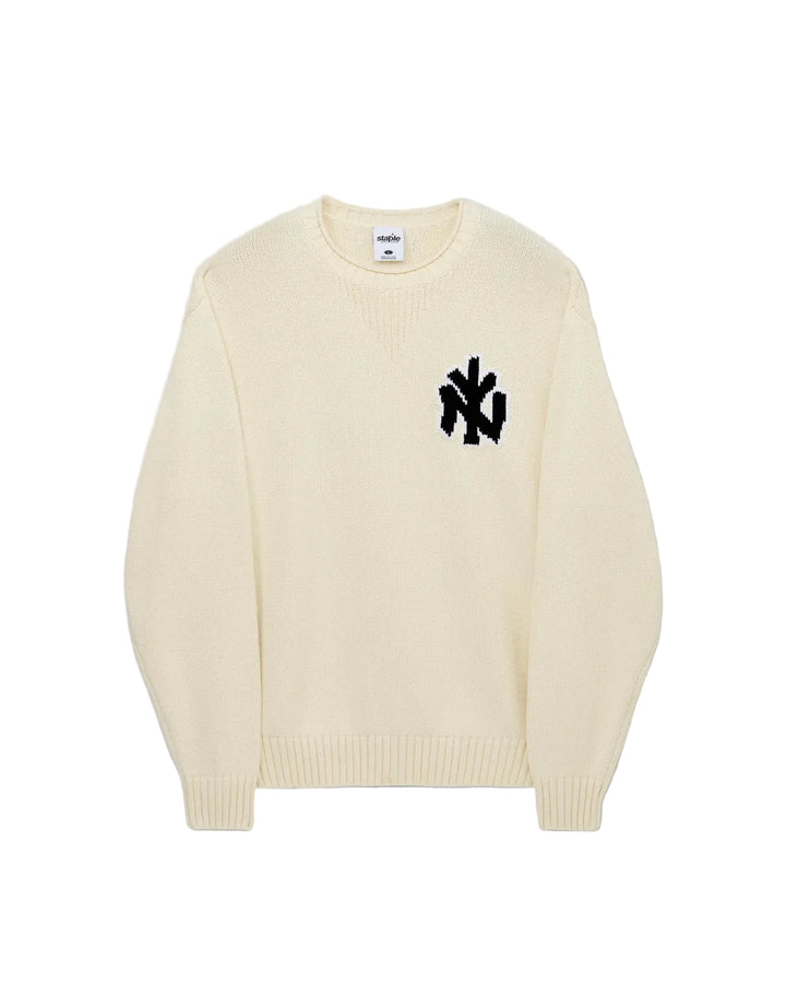 Jersey de punto Staple NY crema con el logo NY tejido en negro en el pecho, vista frontal