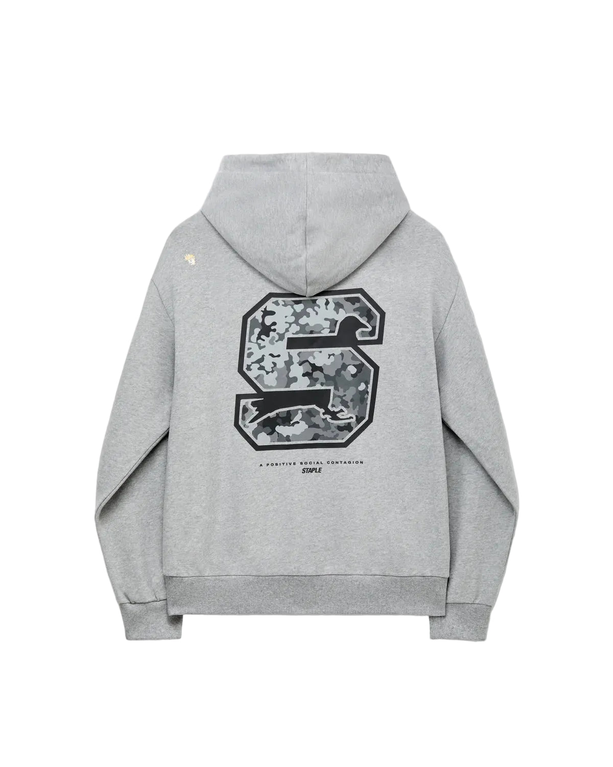 Sudadera Staple Pigeon Sport gris jaspeado vista por detrás, con el gráfico de la S en camuflaje