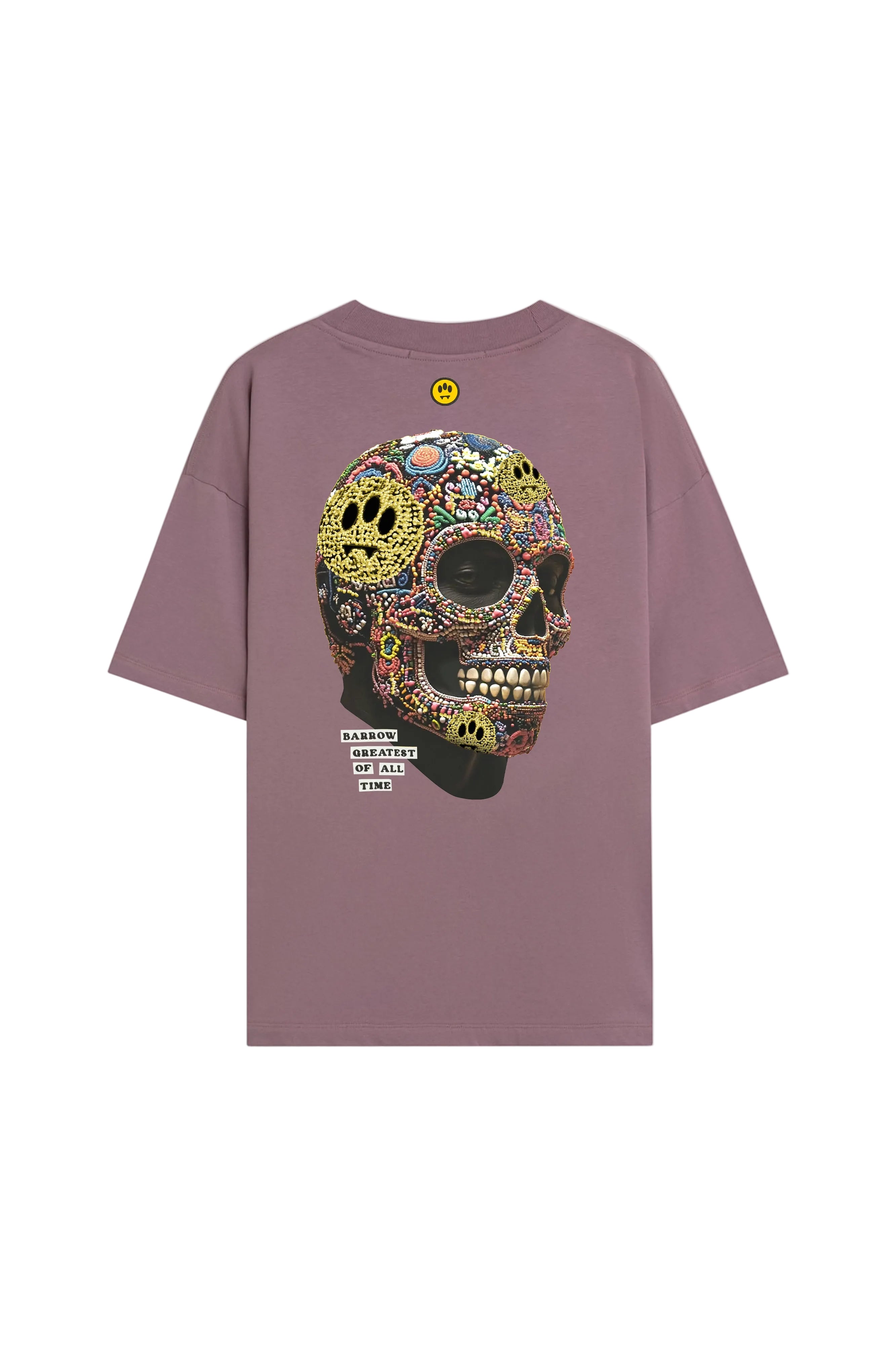 Camiseta Barrow Skull Graphic rosa con logotipo flame en el pecho y calavera multicolor en la espalda