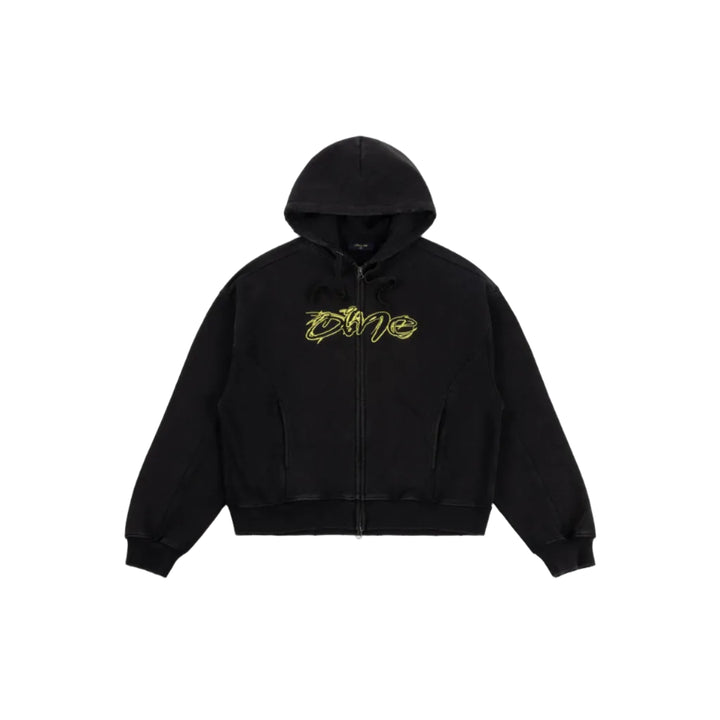 Sudadera Dime Distressed Terry Zip Hoodie en negro lavado con logo grafiti lima bordado y doble cremallera