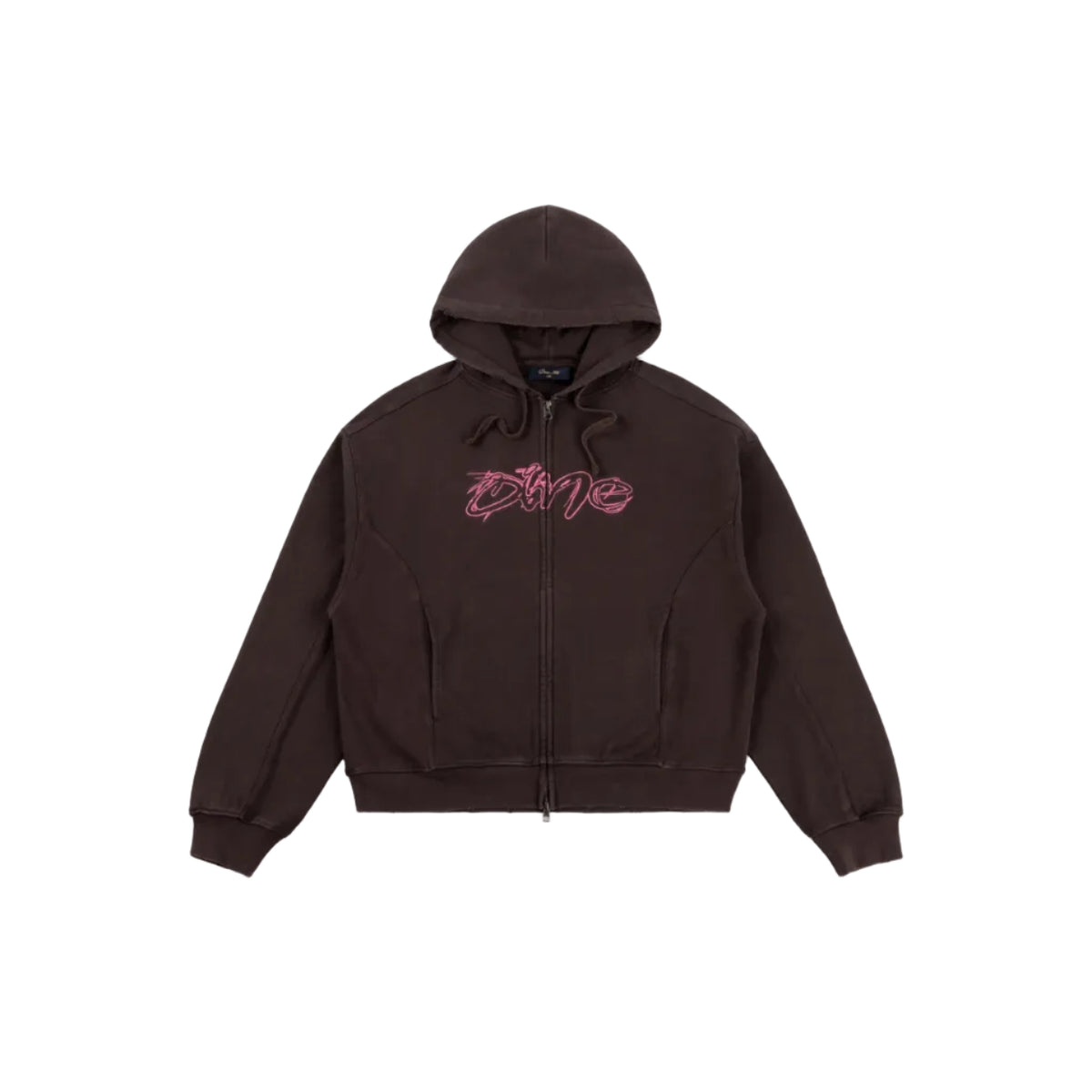 Sudadera Dime Distressed Terry Zip Hoodie en marrón lavado con logo grafiti rosa bordado y doble cremallera