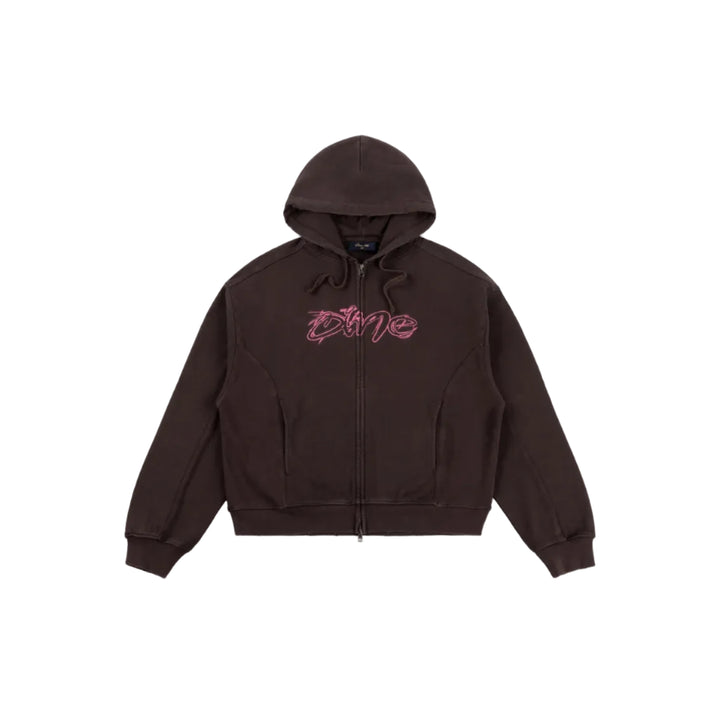 Sudadera Dime Distressed Terry Zip Hoodie en marrón lavado con logo grafiti rosa bordado y doble cremallera