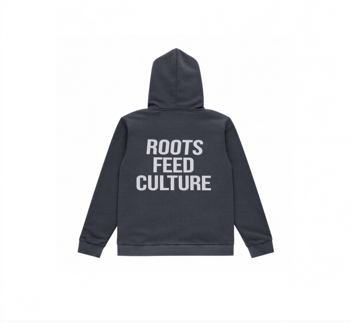 Sudadera gris Aluxe Roots Feed Culture vista trasera diseño minimalista