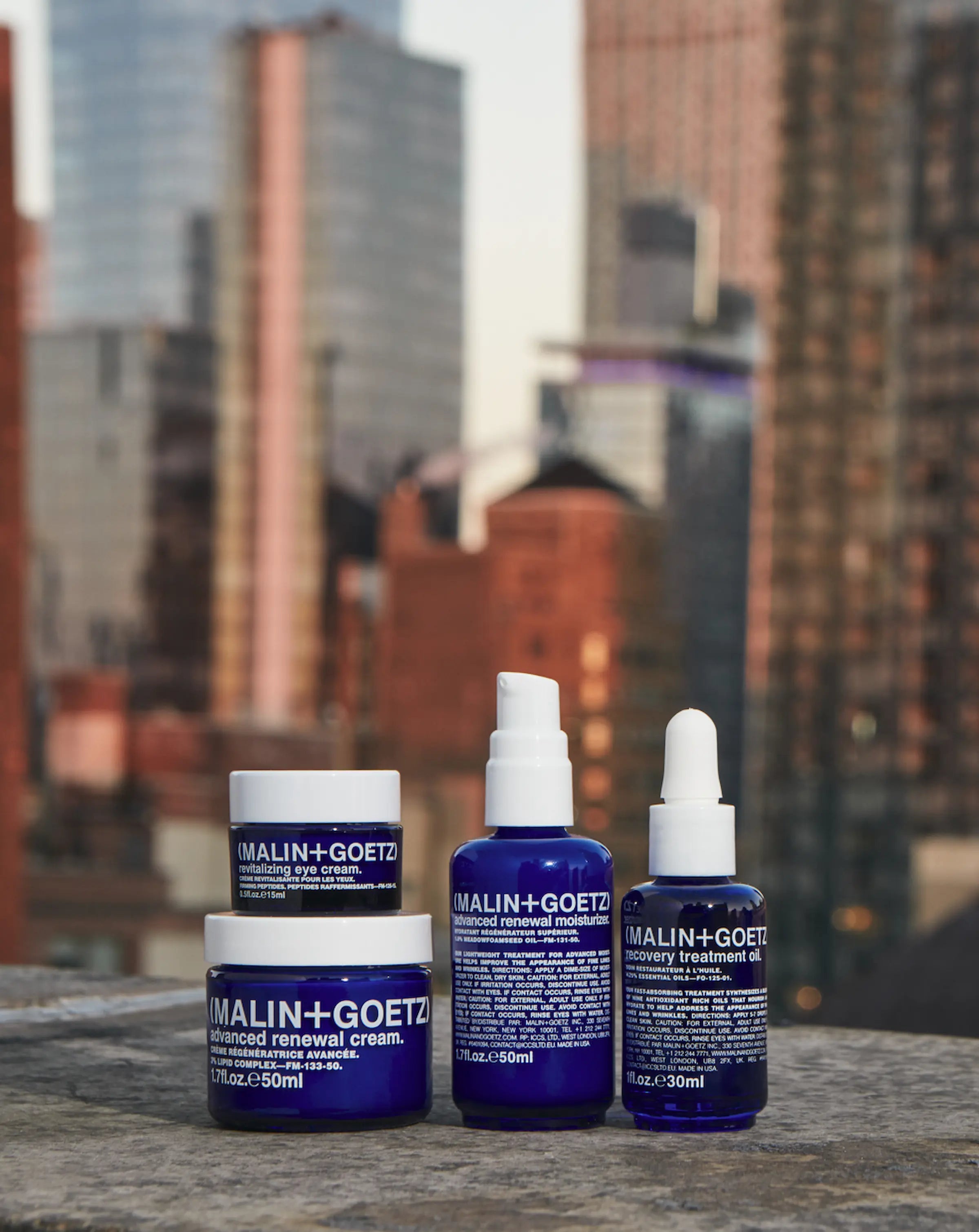 Colección de cuidado facial MALIN+GOETZ:  aceite de tratamiento, crema renovadora, hidratante.