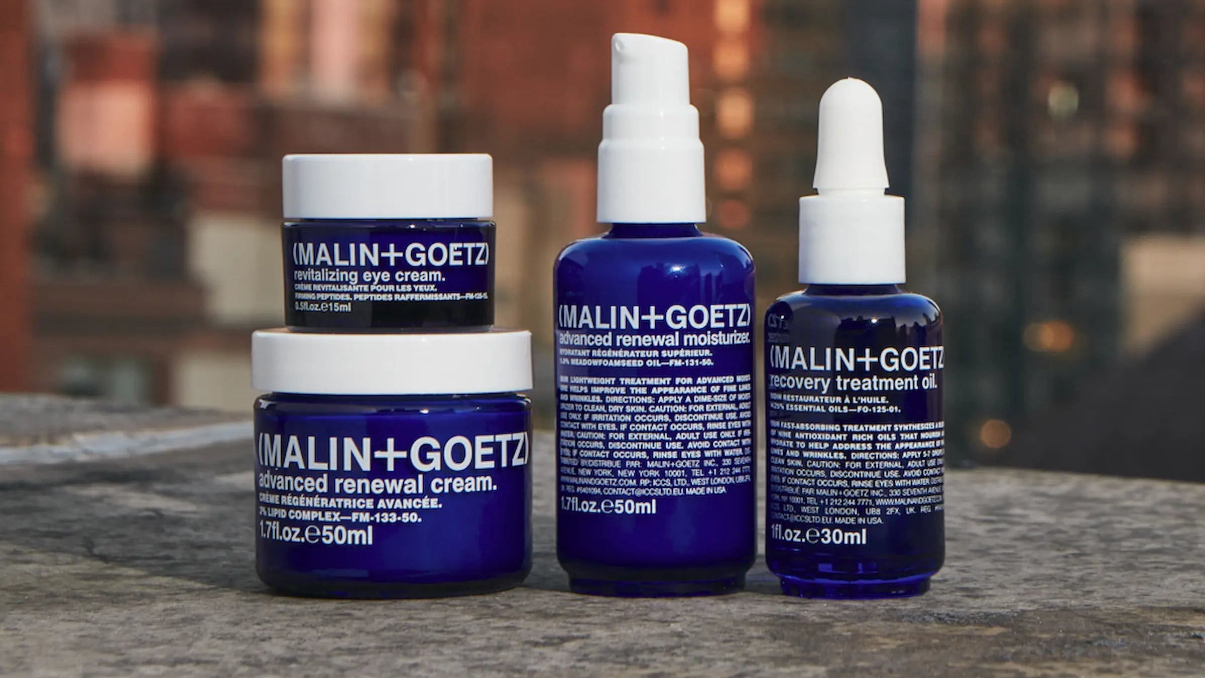 Colección de cuidado facial MALIN+GOETZ: crema renovadora, hidratante y aceite de tratamiento