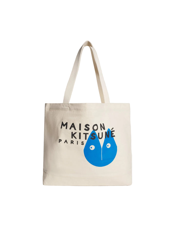 Tote bag Maison Kitsuné en lona de algodón ecru con logotipo Maison Kitsuné Paris y cara del zorro en azul