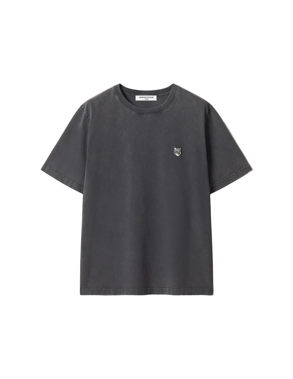 Camiseta Maison Kitsuné Fox Head Faded en gris oscuro lavado con parche del zorro bordado en el pecho, vista frontal