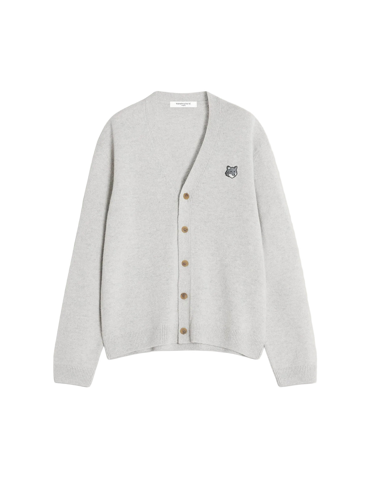 Cárdigan Maison Kitsuné Fox Head en lambswool gris jaspeado claro con parche de la cabeza de zorro bordado en el pecho